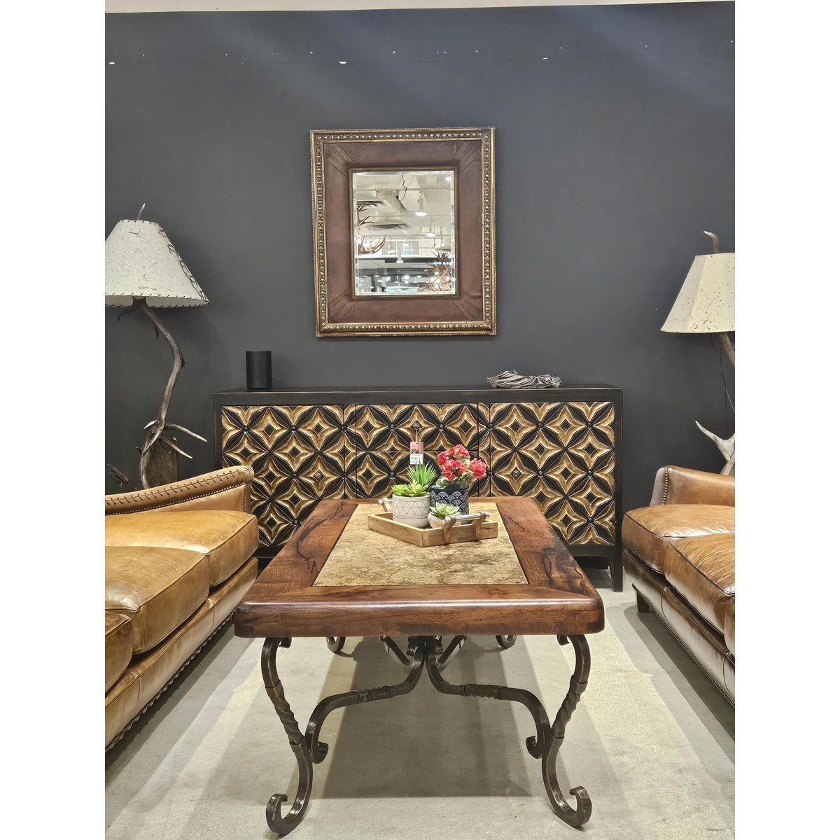 Rectangular 60" X 32" Handcrafted Mesquite Coffee Table: Travertine Inset, Wrought Iron Base - Susana Molina Designs