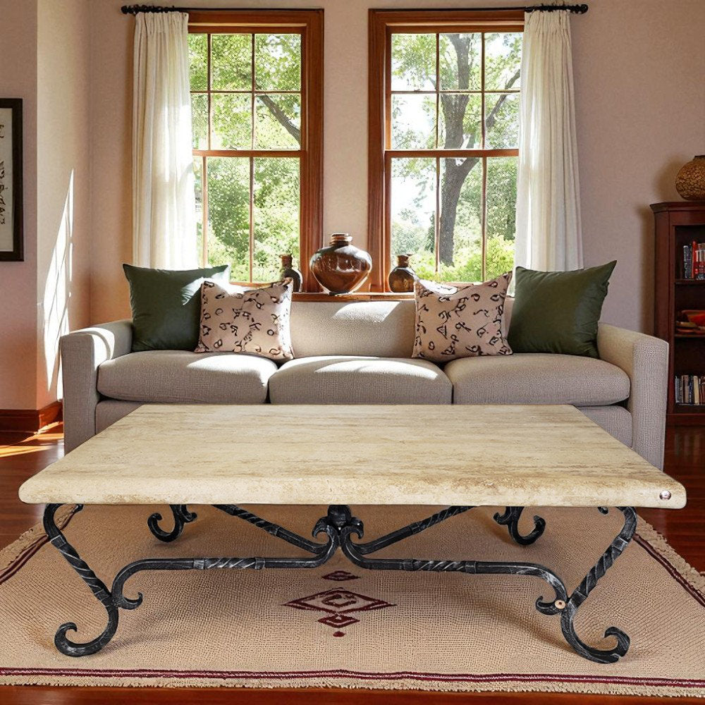 Rectangular Peach Travertine Coffee Table: Hand-forged Iron Base, Rustic Accent