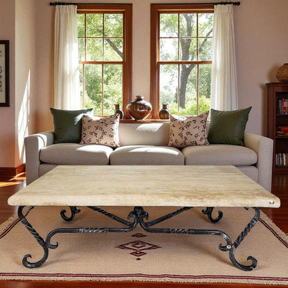 Rectangular Peach Travertine Coffee Table: Hand-forged Iron Base, Rustic Accent
