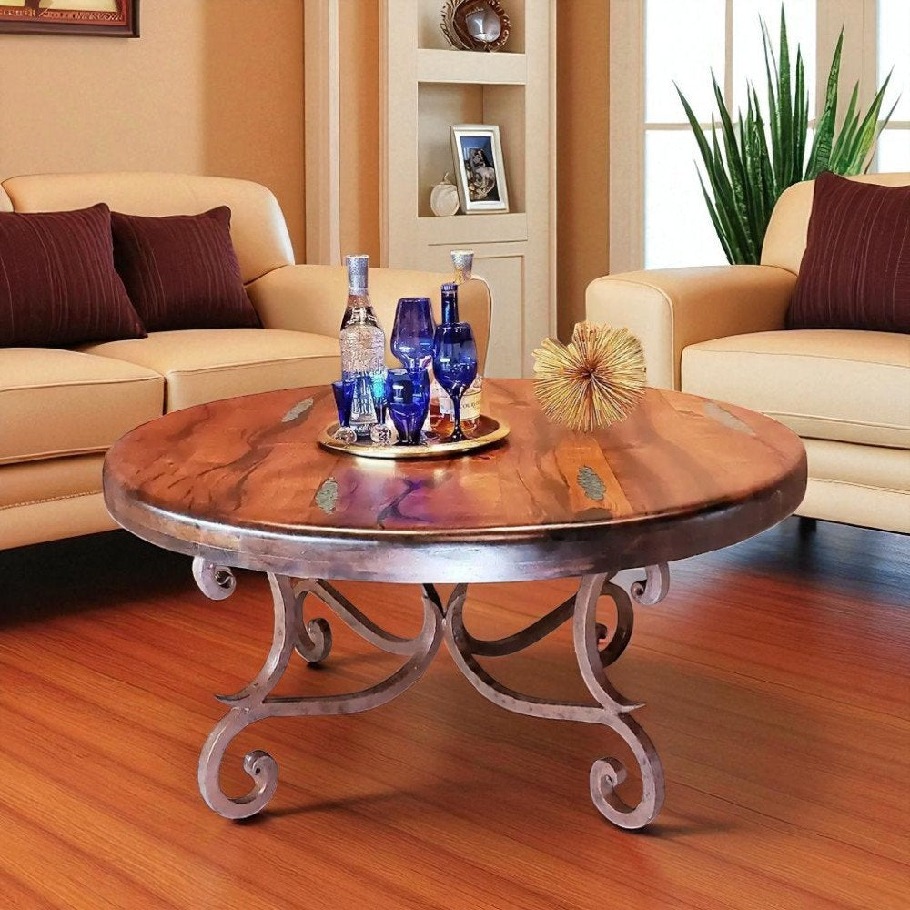 Round Mesquite Coffee Table With Turquoise Inlay 鈥?Solid Mesquite Wood & Iron Base 鈥?Southwestern Rustic Living Room Centerpiece