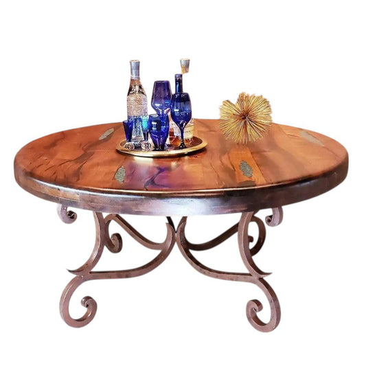 Round Mesquite Coffee Table With Turquoise Inlay 鈥?Solid Mesquite Wood & Iron Base 鈥?Southwestern Rustic Living Room Centerpiece
