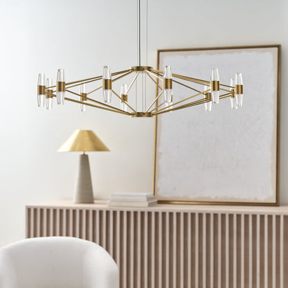 Sean Lavin Lassell large chandelier in natural brass finish with crystal glass shades