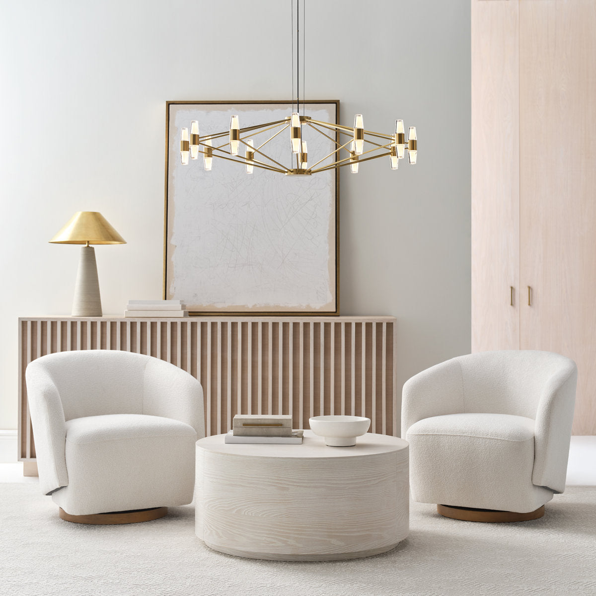 Sean Lavin Lassell large chandelier in natural brass finish with crystal glass shades