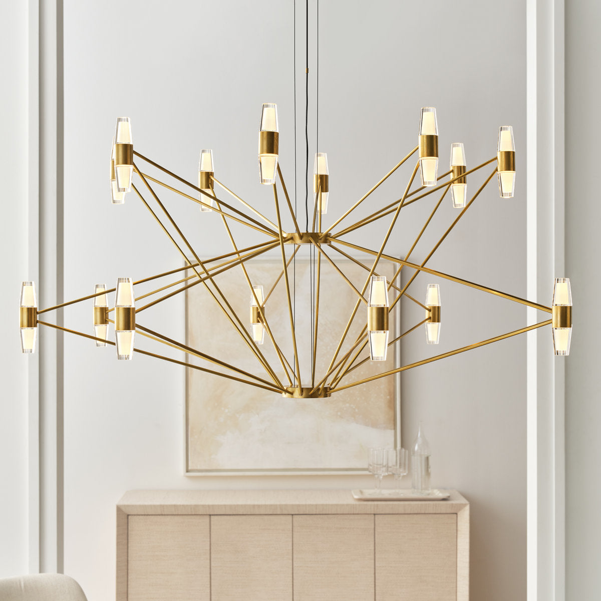 Sean Lavin Lassell two tier extra large chandelier in natural brass finish with crystal glass shades