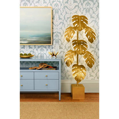 Six Drawer Console With Open Shelf In Burl Wood With Polished Brass Knobs