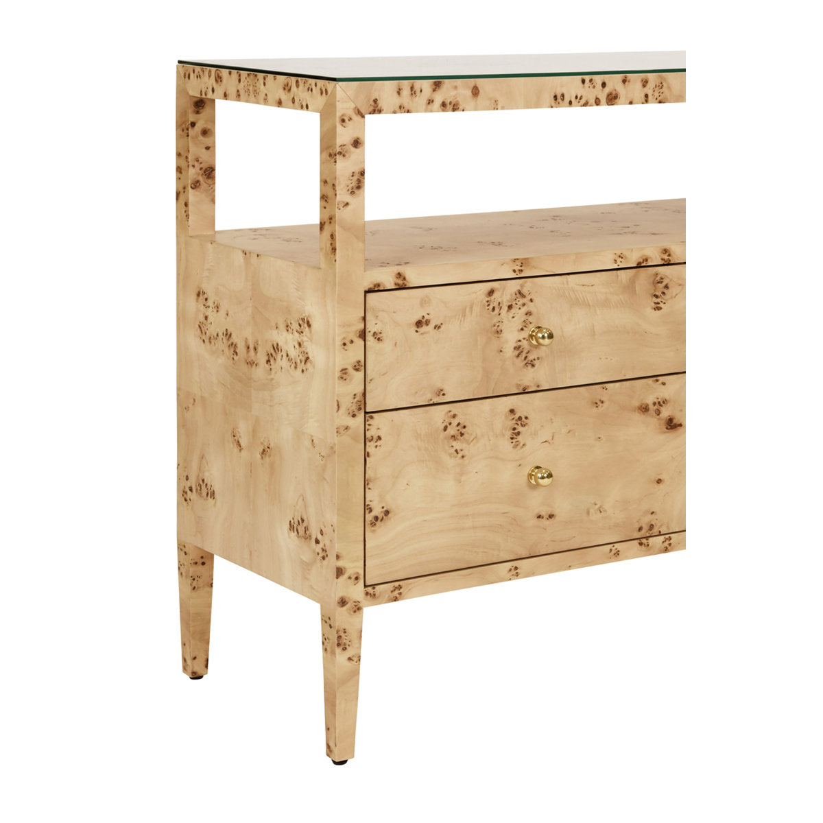 Six Drawer Console With Open Shelf In Burl Wood With Polished Brass Knobs