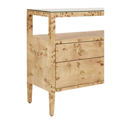 Six Drawer Console With Open Shelf In Burl Wood With Polished Brass Knobs