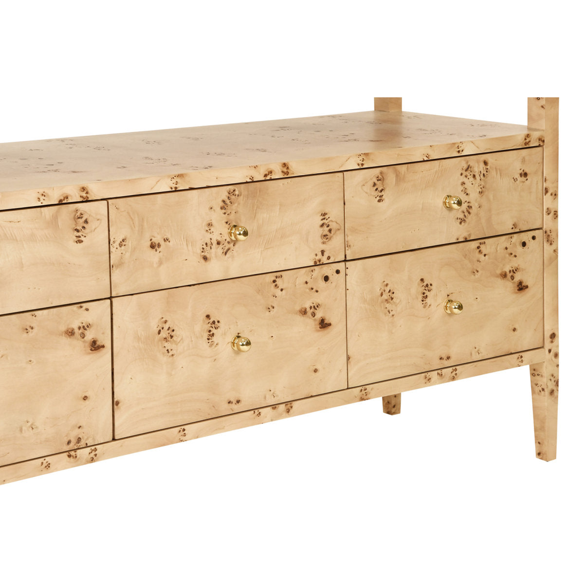 Six Drawer Console With Open Shelf In Burl Wood With Polished Brass Knobs