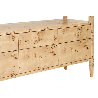 Six Drawer Console With Open Shelf In Burl Wood With Polished Brass Knobs