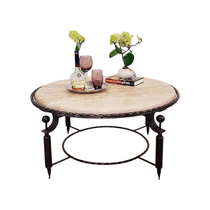 Southwestern Round Coffee Table With Travertine Marble And Wrought Iron