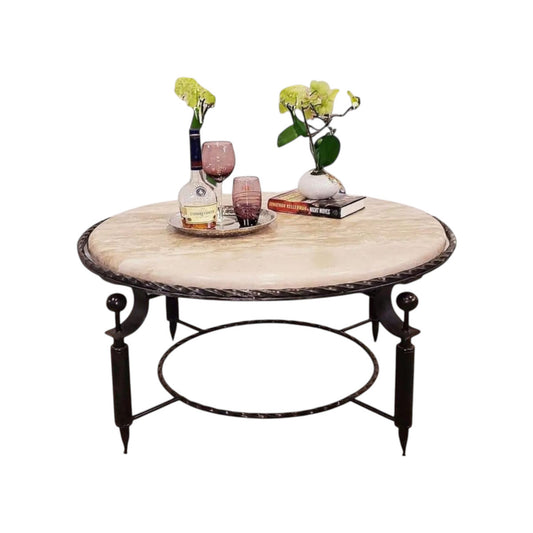 Southwestern Round Coffee Table With Travertine Marble And Wrought Iron