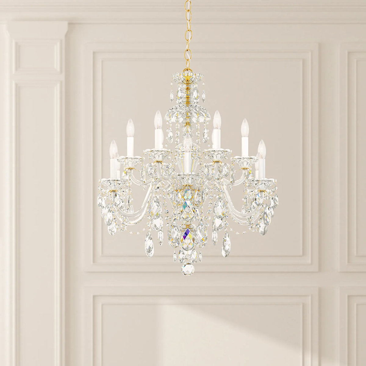Sterling 12 Light 29in x 30in Two-Tier Chandelier in Gold with Clear Heritage Handcut Crystals