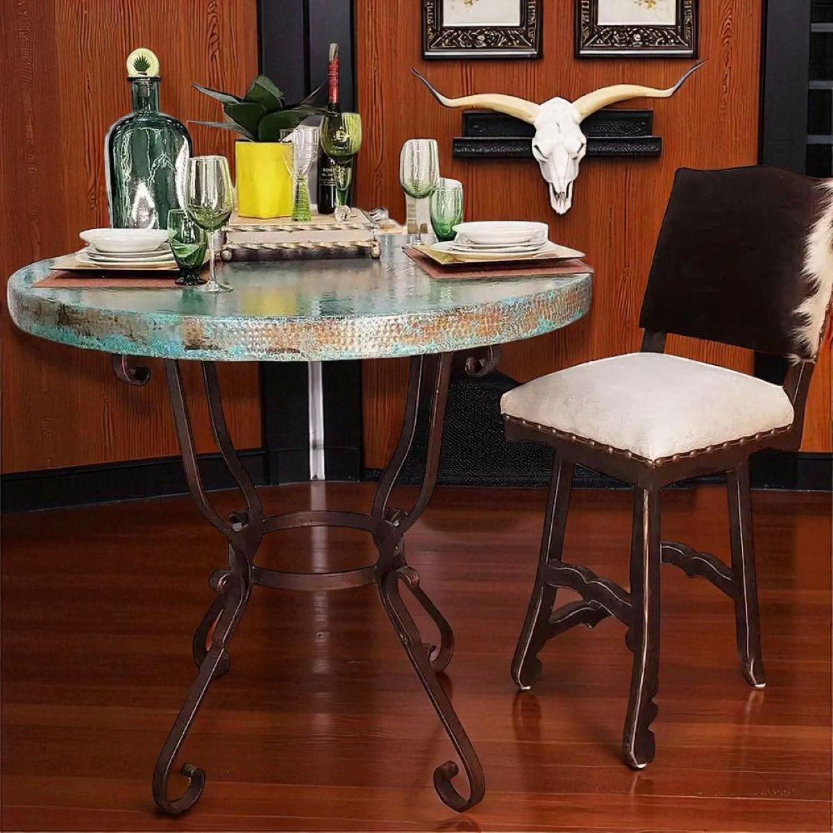 Timeless and Elegant Round Oxidized Copper and Wrought Iron Bar Table