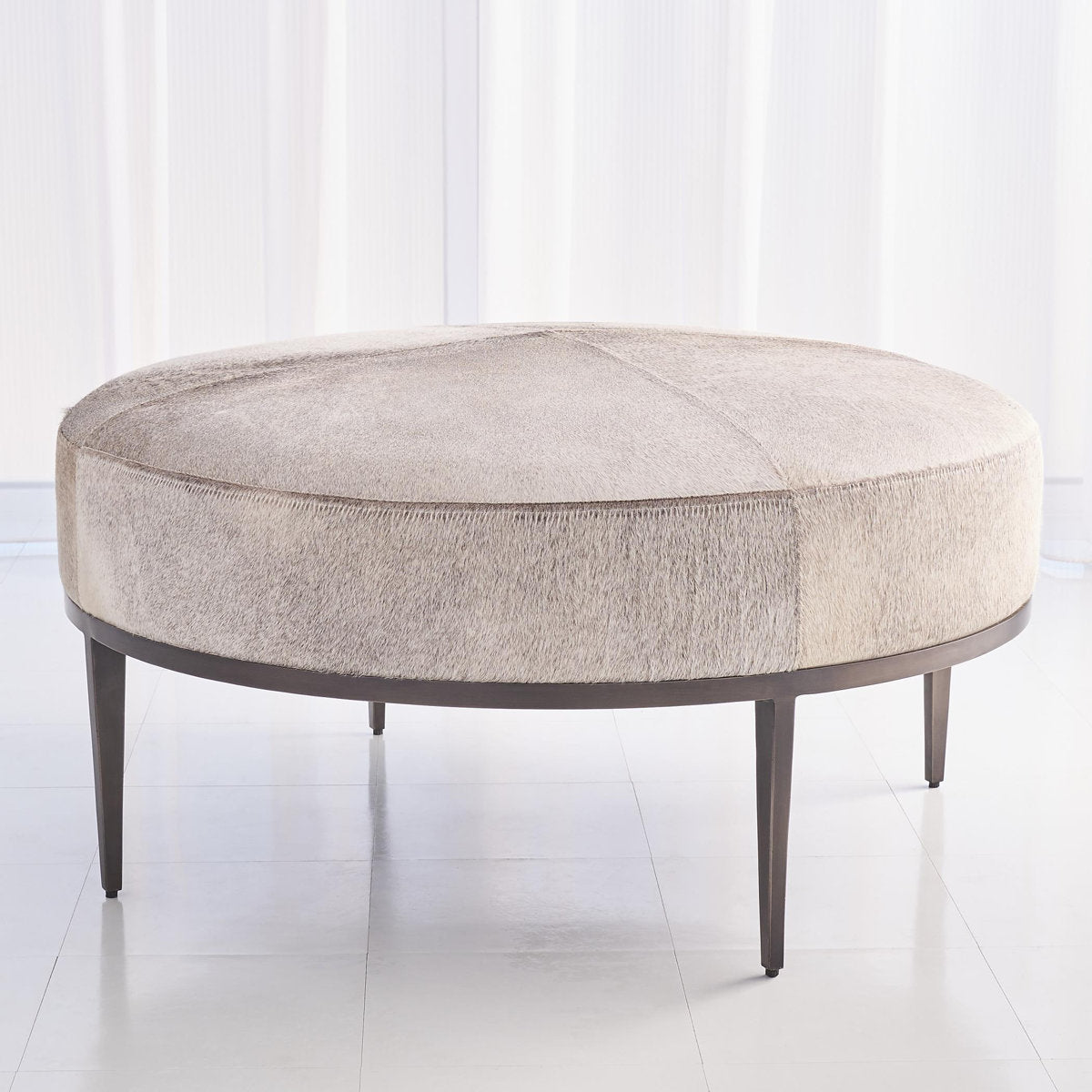 Urban Ottoman w/Grey Hair-on-Hide-Antique Gunmetal