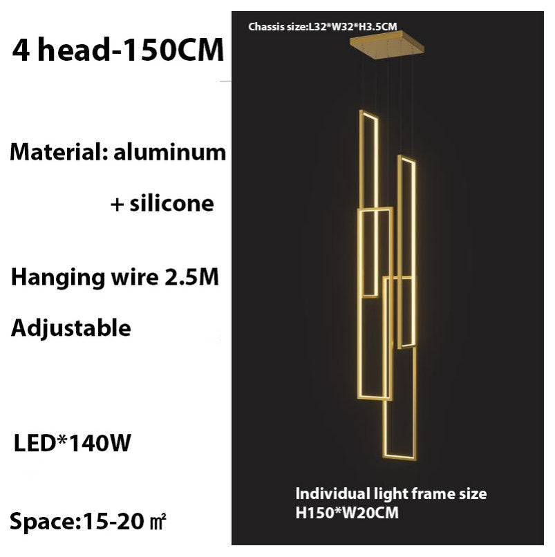 Lavagna | Ultramodern Rectangle Hanging LED Chandelier, Gold, 4 Lights (H157.5"), Warm Light, Non-DimmableBy Miron Demid LLC