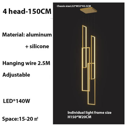 Lavagna | Ultramodern Rectangle Hanging LED Chandelier, Gold, 4 Lights (H157.5"), Warm Light, Non-DimmableBy Miron Demid LLC