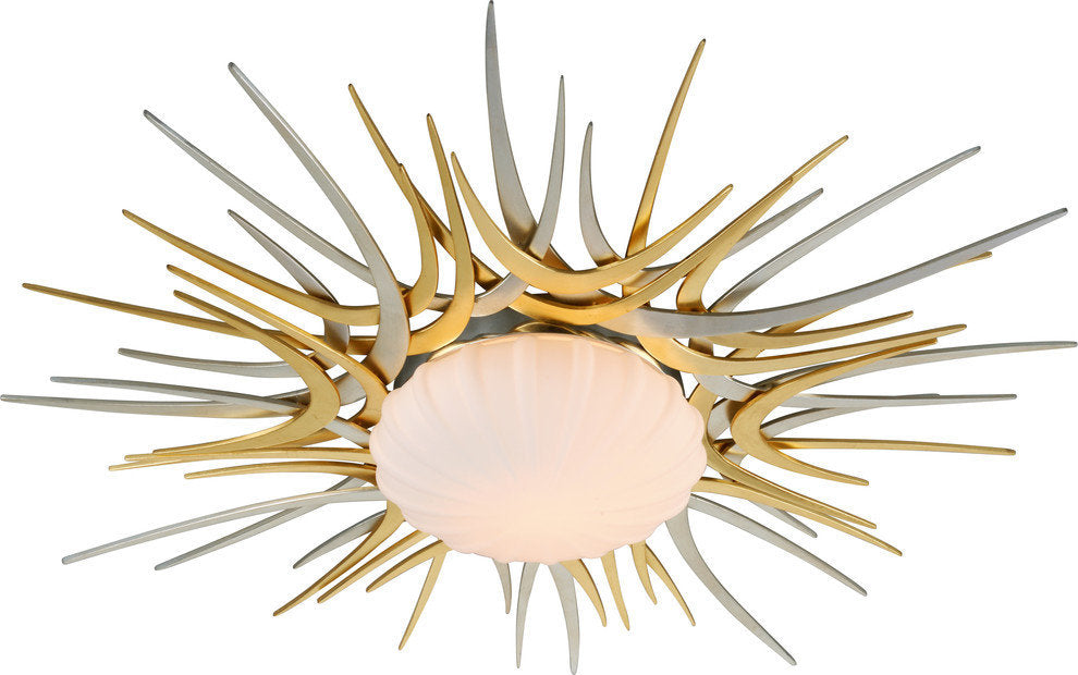 Helios LED Flush Mount, Silver And Gold Leaf Finish, Satin and Opal Glass, 38"By Corbett Lighting