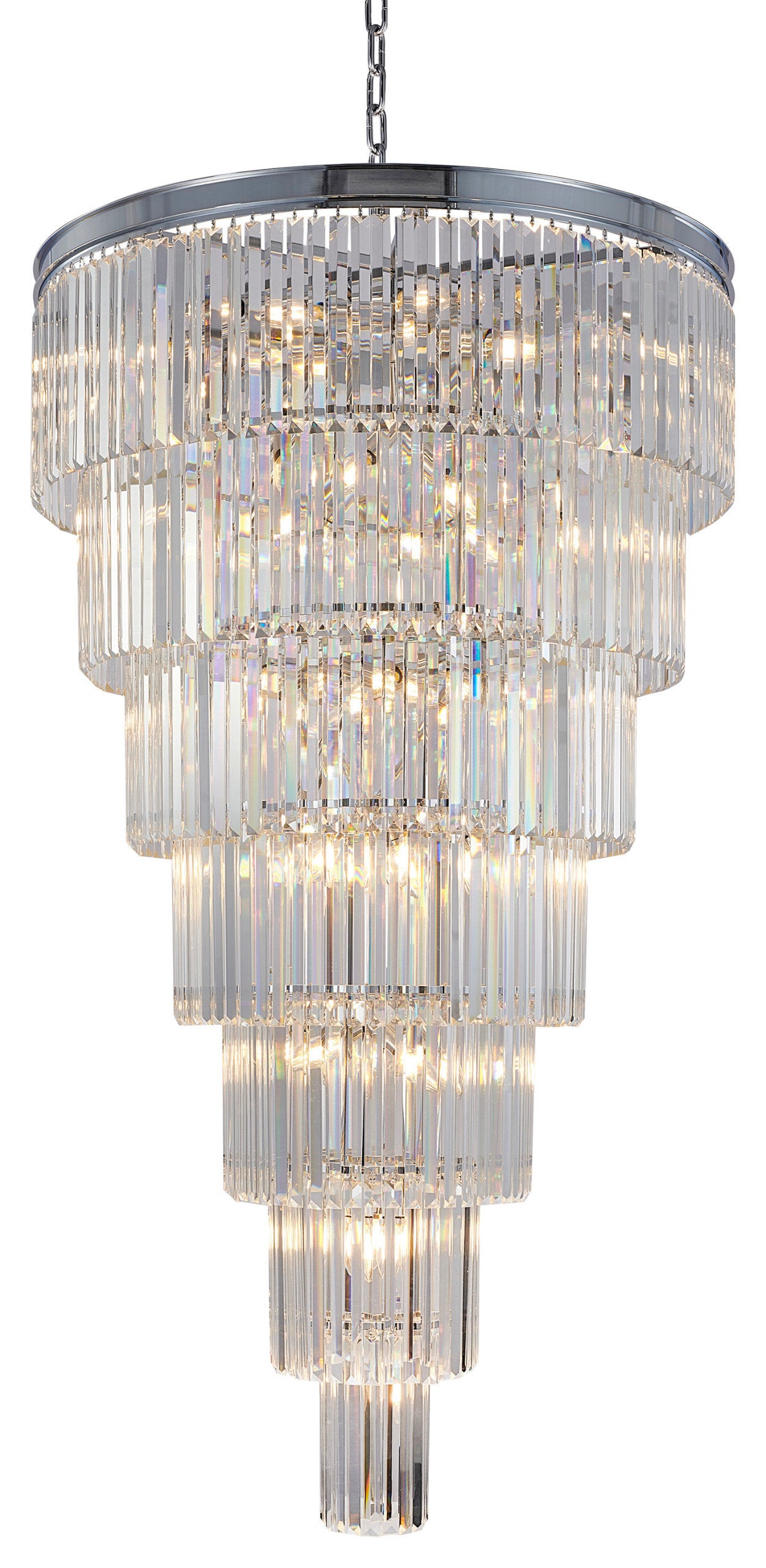 36" 34-Light Brass Metal 7-Tier Chandelier With Clear Crystals, Chrome, D36'' H72''By Design Living