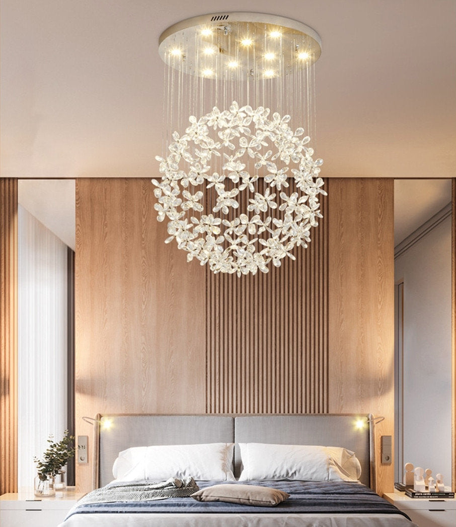 Spherical Ceiling Chandelier with Butterfly Crystals, D31.5xh78.7"By Miron Demid LLC