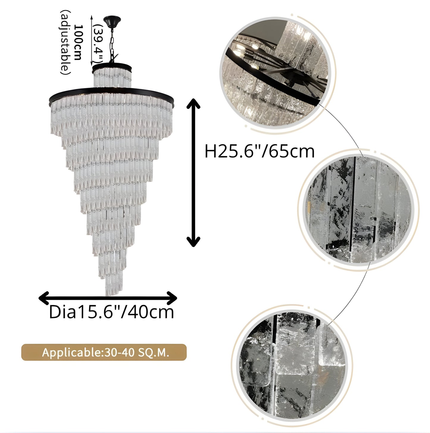 Elegant Frosted Glass Long Black Chandelier For Staircase, Dia15.6"By Miron Demid LLC