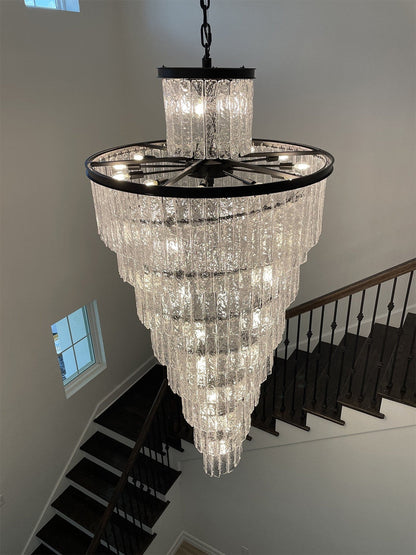 Elegant Frosted Glass Long Black Chandelier For Staircase, Dia15.6"By Miron Demid LLC
