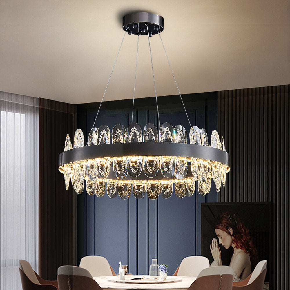 Irma | Modern Creative Round Hanging Crystal LED Chandelier for Living Room, Black, Dia31.5xh7.1", Warm Light, DimmableBy Miron Demid LLC