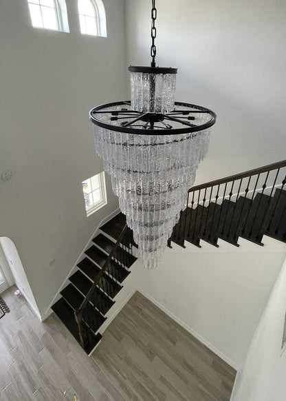 Elegant Frosted Glass Long Black Chandelier For Staircase, Dia15.6"By Miron Demid LLC