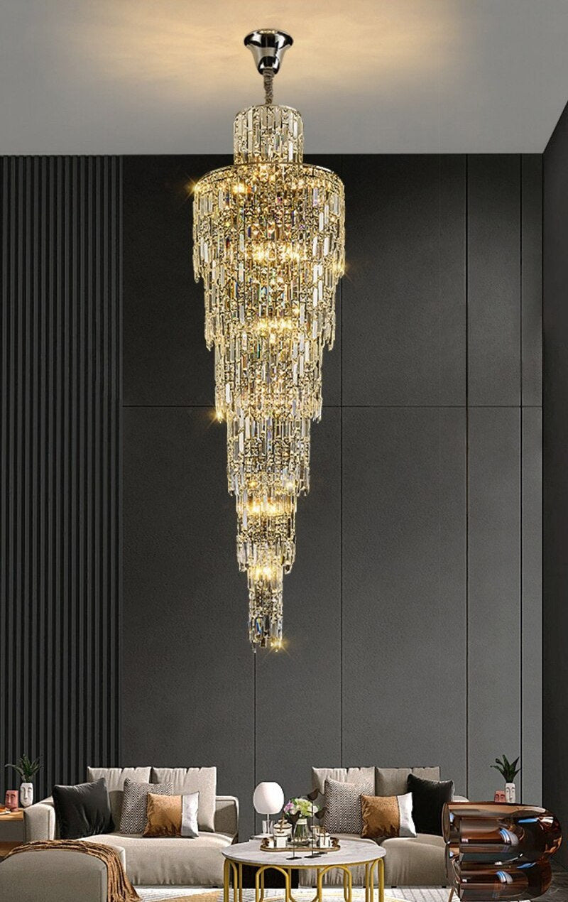 Moneglia | Chic Long Spiral Crystal Pendant Chandelier, Gold, H137.8"By Miron Demid LLC