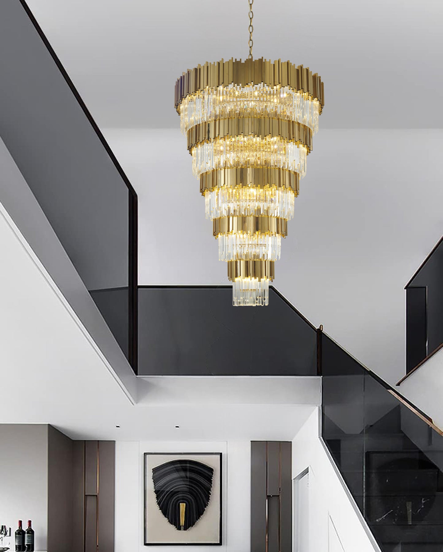 D60" 5-Tier Shiny Gold Frame Chandelier With Clear Hanging CrystalsBy Design Living