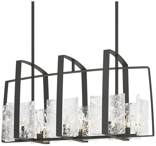Arc Natural Iron Linear Pendant With White Swirl Glass