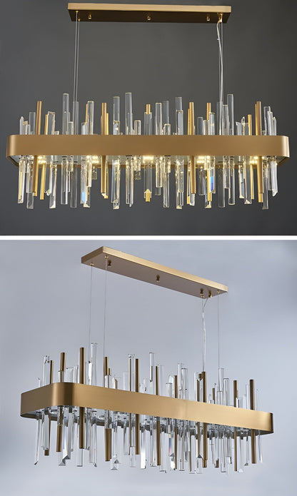 Gold And Black Rectangle Crystal Kitchen Chandelier, Brushed Gold, 43.3", Cool LightBy Miron Demid LLC