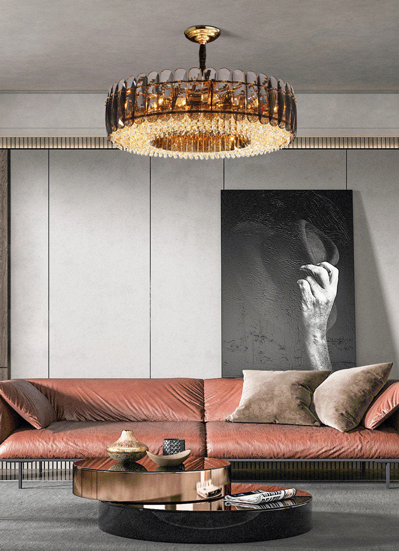Introdacqua | Round Luxury Golden Crystal LED Chandelier for Living Room, Smoky Gray, Dia23.6xh7.8+39.4", Warm LightBy Miron Demid LLC