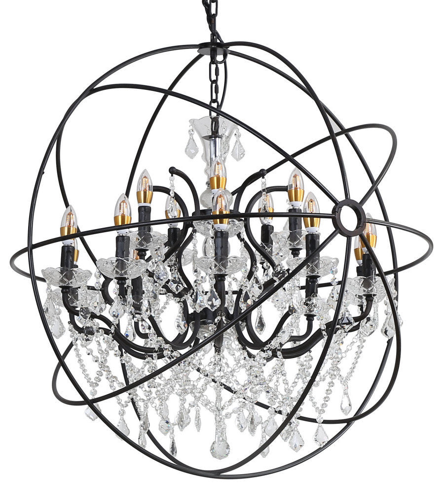 Black Cage Chandelier with Crystal Accents, Rustic BronzeBy Design Living