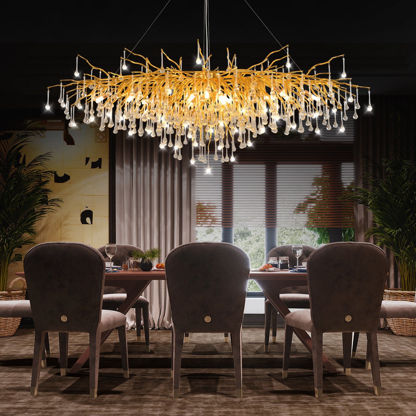 Akari Tree Branch Chandelier Raindrop Crystal Light, Gold L63"By Akari Lanterns