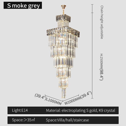Beuil | High-end Villa Staircase Square Crystal Chandelier, Smoke Gray, H98.4"By Miron Demid LLC