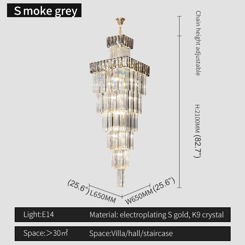 Beuil | High-end Villa Staircase Square Crystal Chandelier, Smoke Gray, H82.7"By Miron Demid LLC