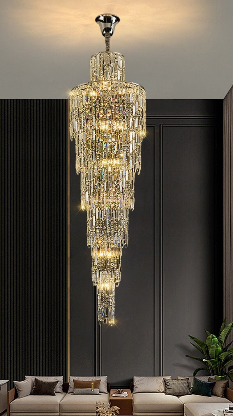 Moneglia | Chic Long Spiral Crystal Pendant Chandelier, Chrome, H137.8"By Miron Demid LLC