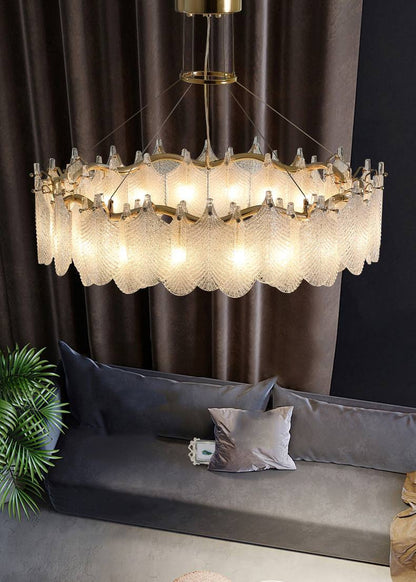 Algua | Round Gold Leaf White Frosted Glass Chandelier for Living Room, Dia31.5"By Miron Demid LLC
