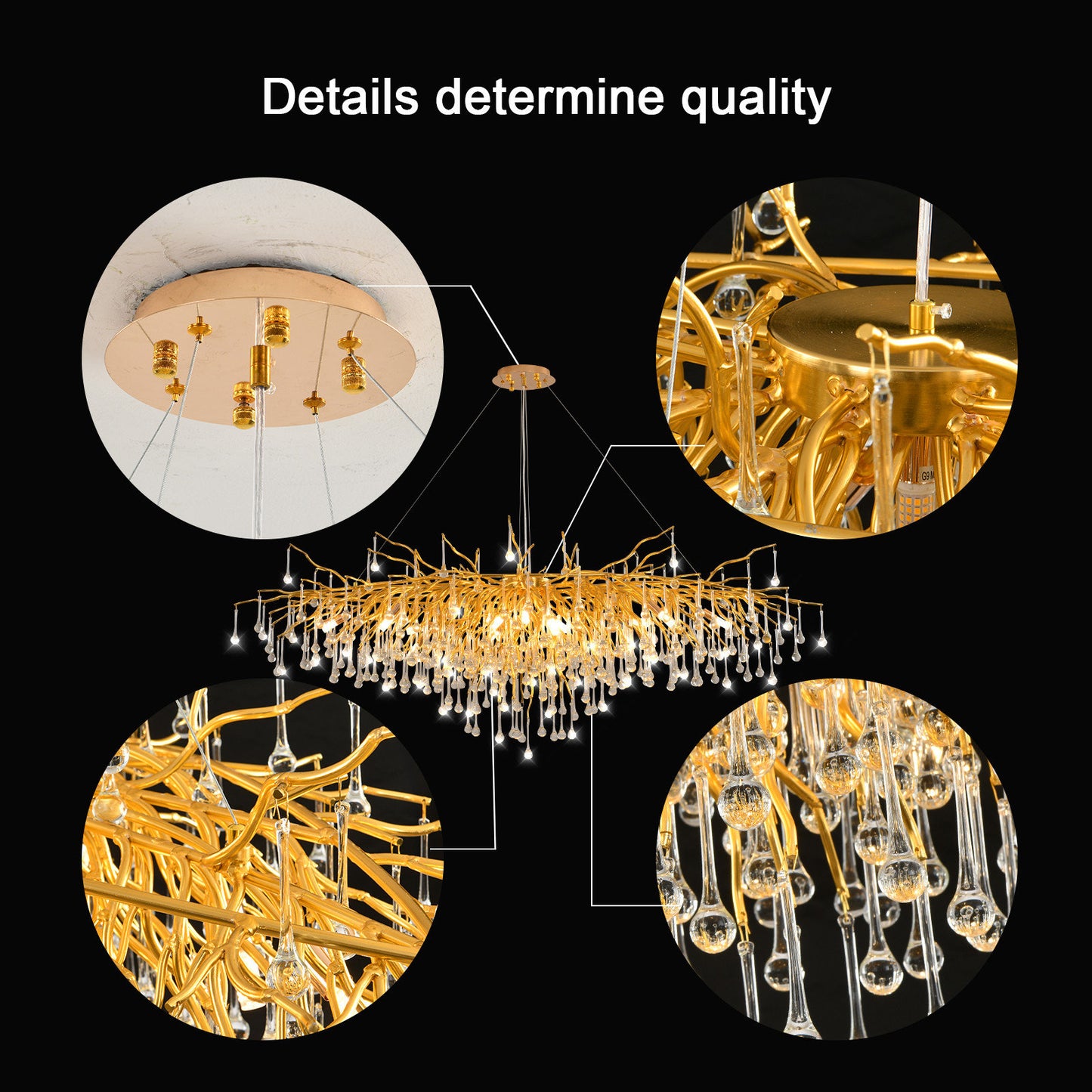 Akari Tree Branch Chandelier Raindrop Crystal Light, Gold L63"By Akari Lanterns