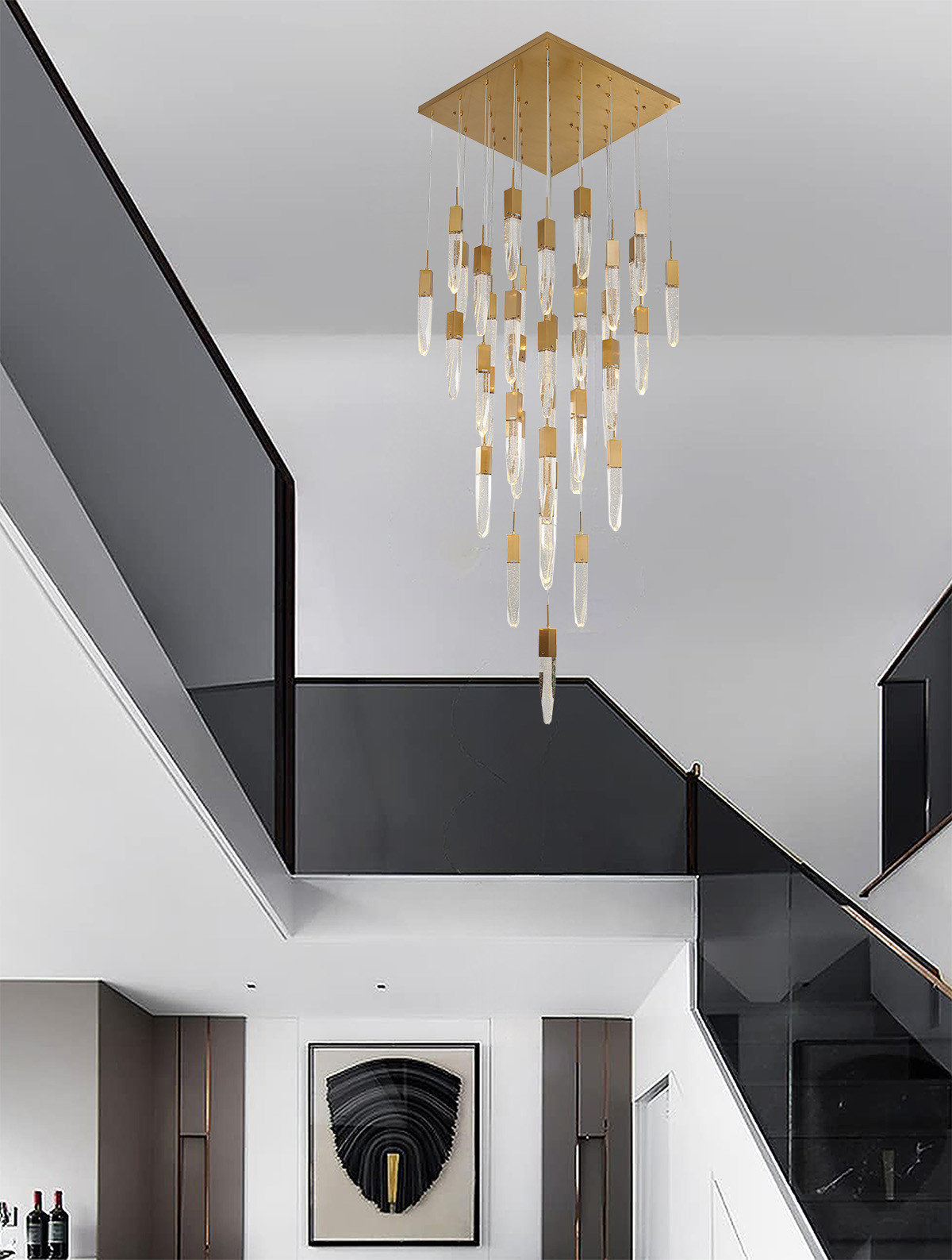 Crystal Cascade Black Multi-Tiered Linear Chandelier with Crystal Accents, GoldBy Design Living