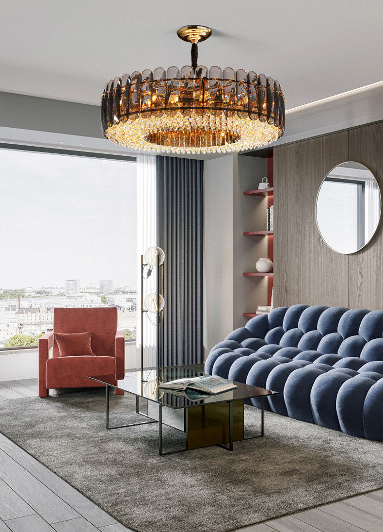 Introdacqua | Round Luxury Golden Crystal LED Chandelier for Living Room, Smoky Gray, Dia23.6xh7.8+39.4", Warm LightBy Miron Demid LLC