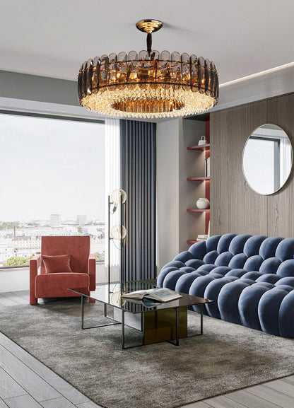Introdacqua | Round Luxury Golden Crystal LED Chandelier for Living Room, Smoky Gray, Dia23.6xh7.8+39.4", Warm LightBy Miron Demid LLC