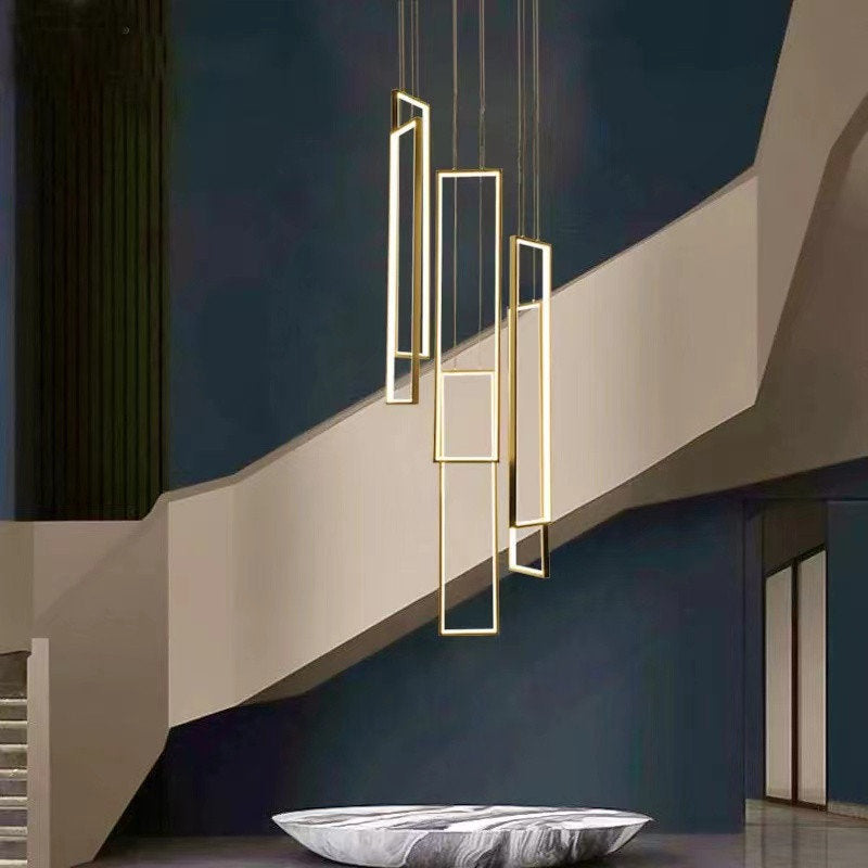 Lavagna | Ultramodern Rectangle Hanging LED Chandelier, Gold, 6 Lights (H196.9"), Warm Light, Non-DimmableBy Miron Demid LLC