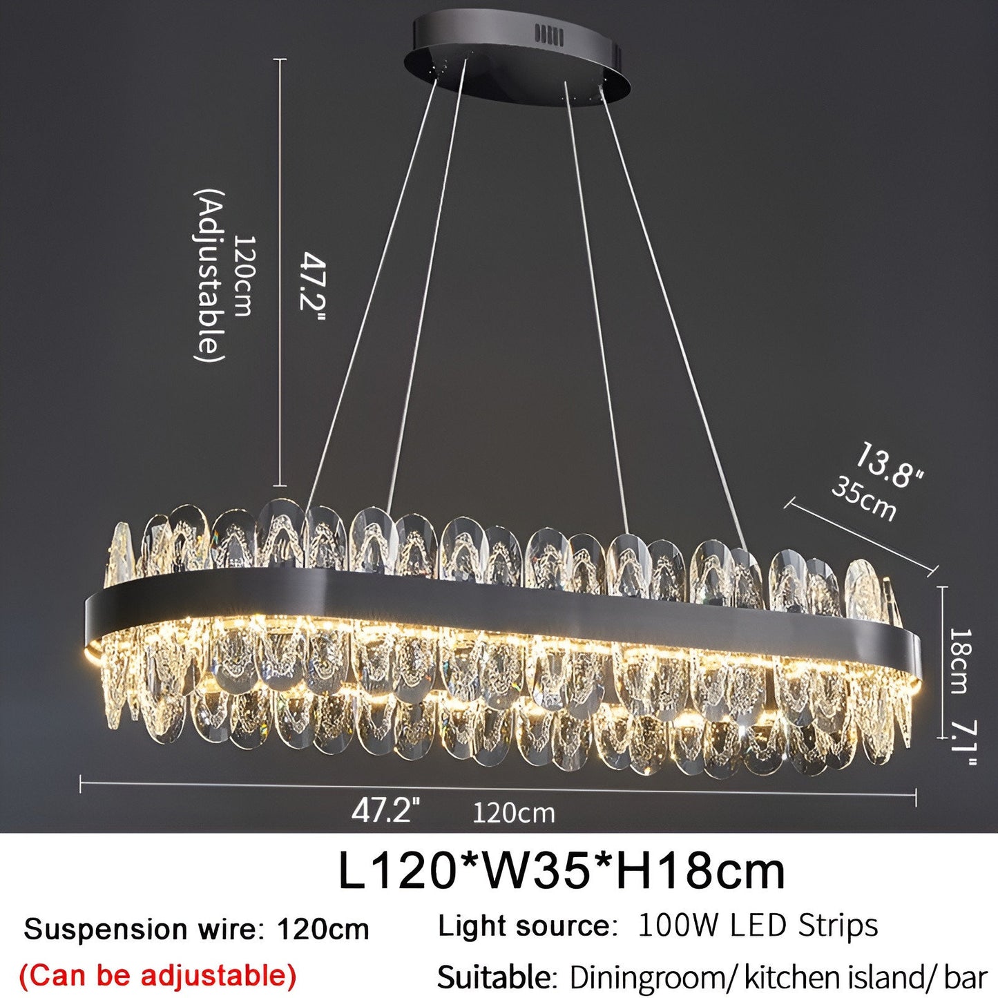 Agna | Creative Rectangle Hanging Crystal LED Chandelier for Living Room, Gold, Large - L47.2" / L120cm, Warm Light, DimmableBy Miron Demid LLC
