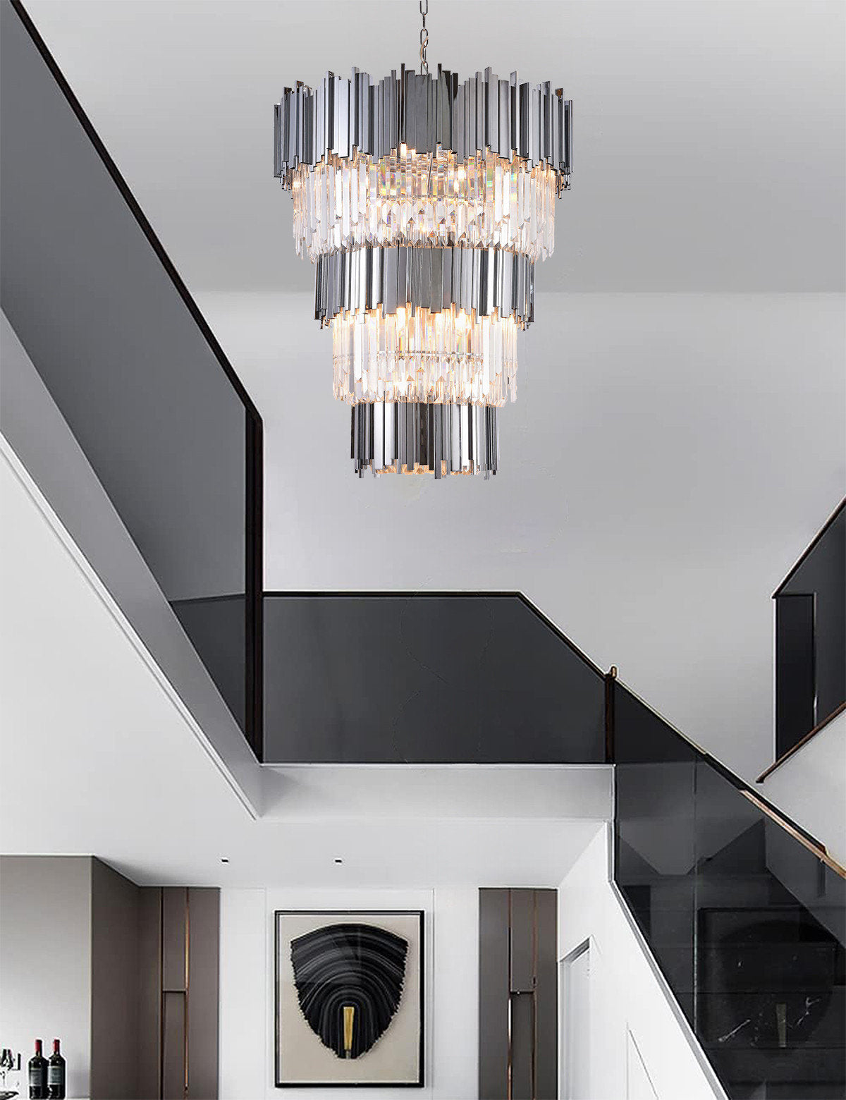 3-Tier Chrome Bar Rod Frame Chandelier, Clear Crystal DropsBy Design Living