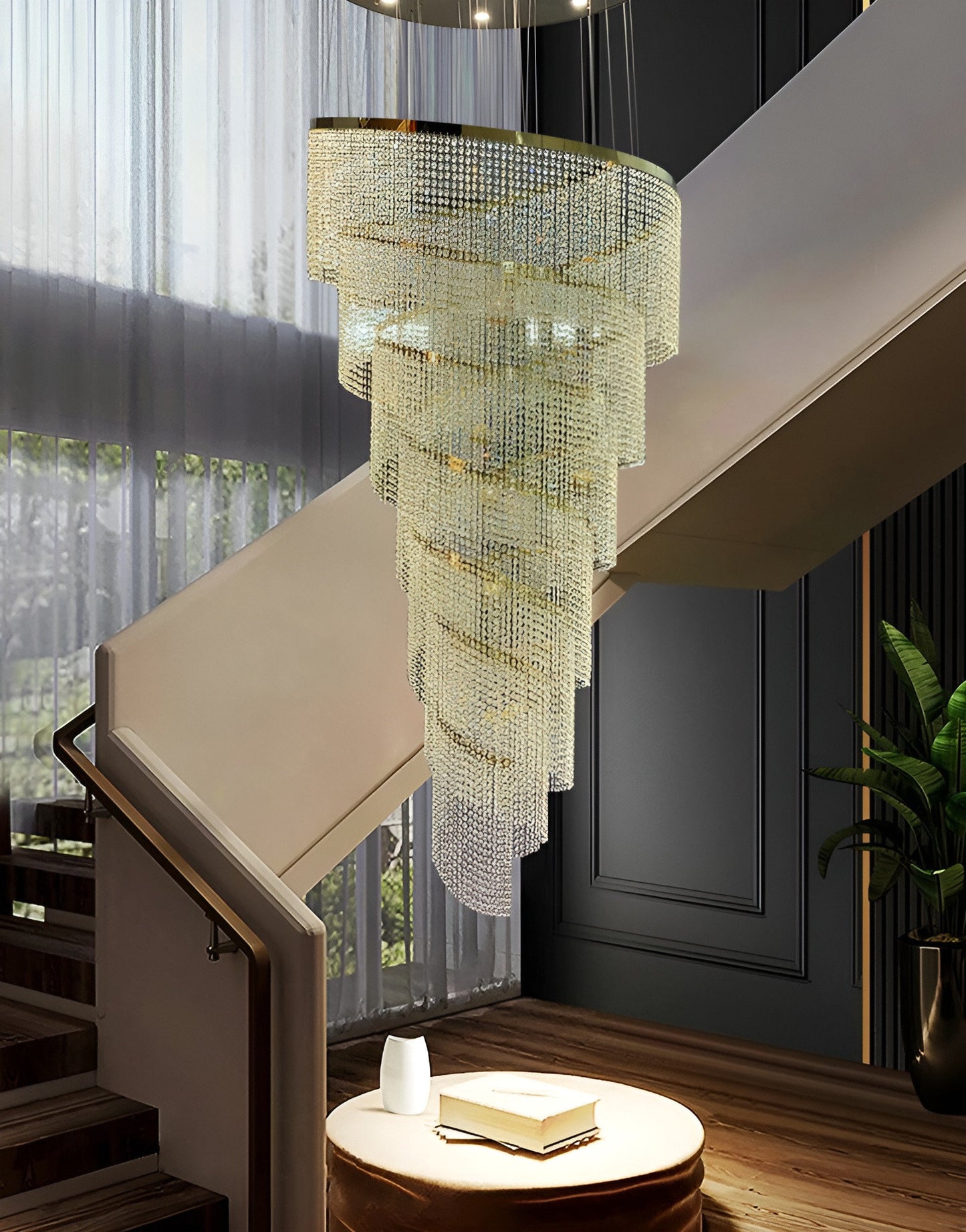 Falicon | Golden/Chrome Crystal Circular Spiral Chandelier, Gold, Dia 39.4xh118.1", Dimmable, Warm LightBy Miron Demid LLC
