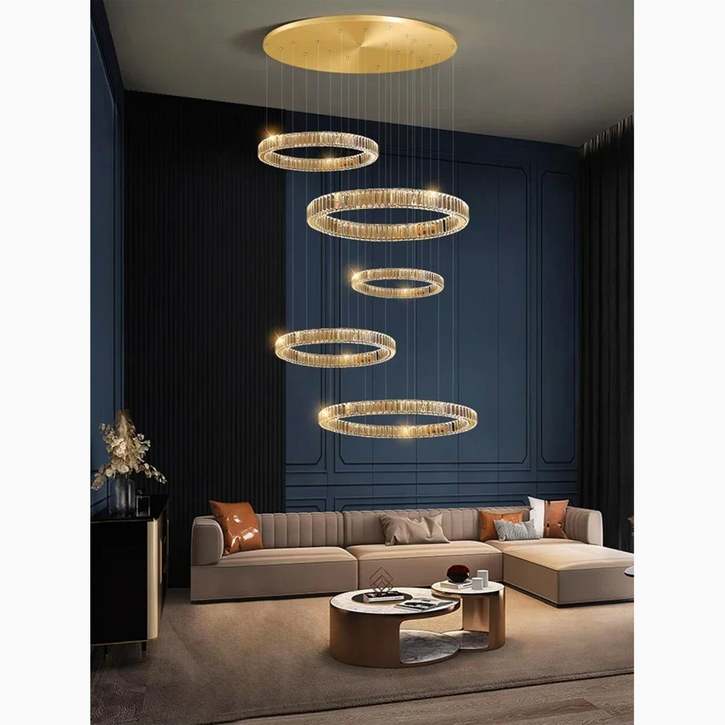 Agrate Conturbia | Stunning Cascading Crystal Rings Pendant Chandelier, Dia19.7+27.6+11.8+19.7+11.8'By Miron Demid LLC