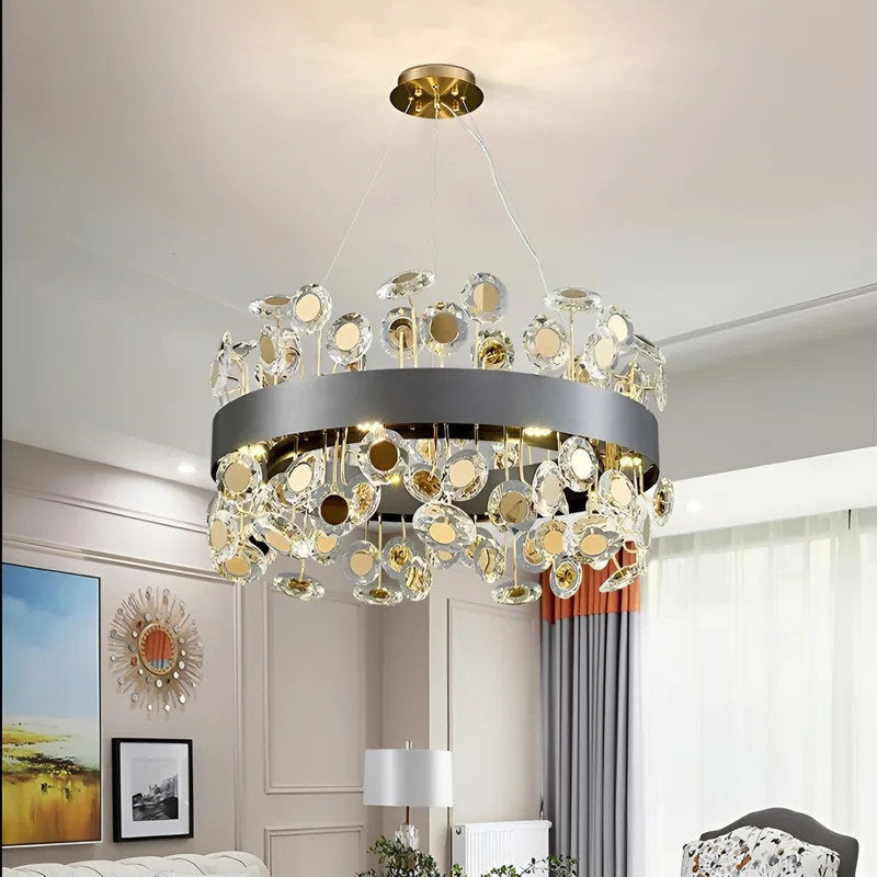 Art Deco Round Crystal Chandelier For The Living Room, Black, 39.4"By Miron Demid LLC