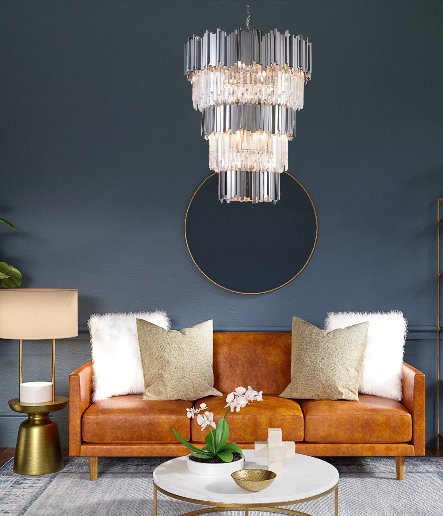 3-Tier Chrome Bar Rod Frame Chandelier, Clear Crystal DropsBy Design Living