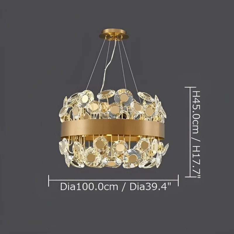 Art Deco Round Crystal Chandelier For The Living Room, Gold, 39.4"By Miron Demid LLC